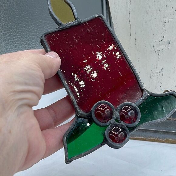 Vintage Christmas stained glass candle with holly sun catcher. - Picture 2 of 6